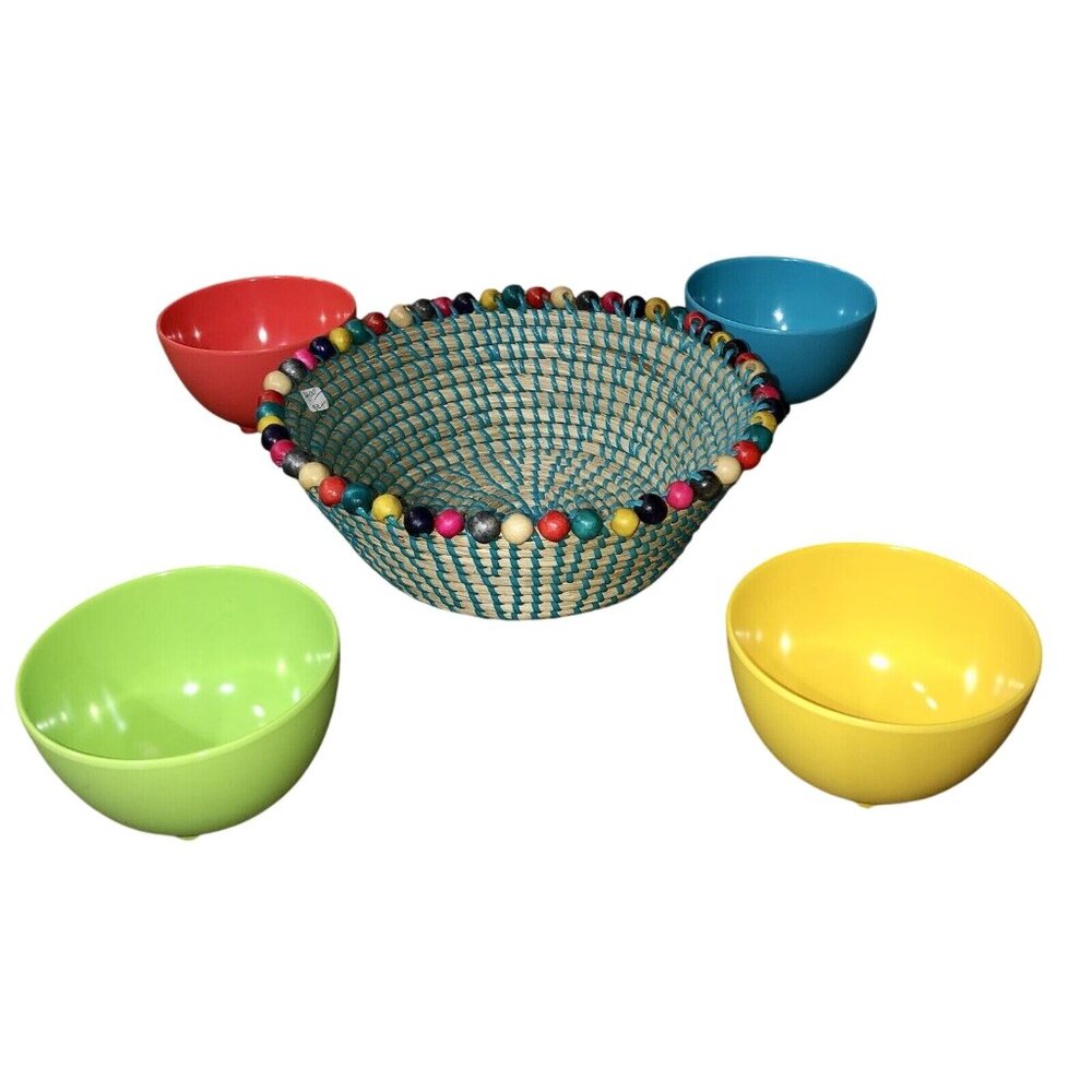 Colorful Woven Chips & Salsa Basket Set w/ Novogratz Melamine Bowls Used - Picture 11 of 16